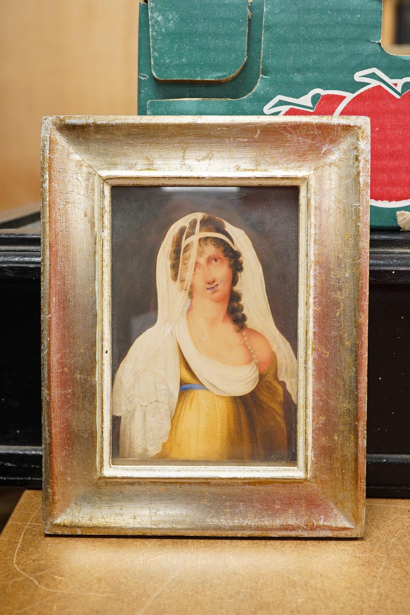 H. Harding, Portrait miniature of Madame Reconnier, circa 1830, London, inscribed in ink verso, watercolour on card, framed, 12 x 7.5cm